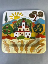 Vintage Bas Relief Square Plate With Country Design Signed By C S Rocco.