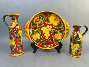 Vintage Made In Italy Hand Painted Stoneware Plate And 2 Pitchers.