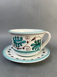 Vintage Hand Painted Stoneware Large Cup And Saucer Made In Italy.