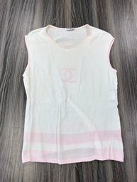 Chanel White Knitted Cotton Sleeveless Top In Pink CC Logo