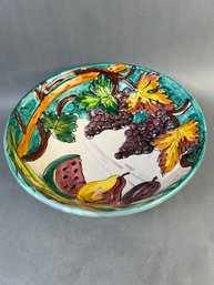 Vintage Stoneware Hand Painted Bas Relief Fruit Bowl.