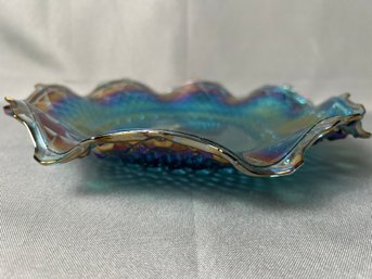 Blue Carnival Glass Ruffle  Edge Platter.