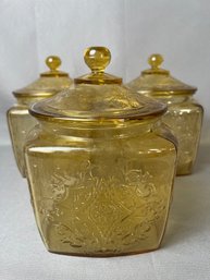 3 Vintage Amber Depression Glass Counter Jars.
