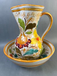 Vintage Hand Painted Stoneware Italian Made Wash Basin And Pitcher.