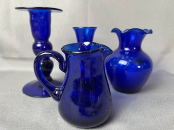 3 Cobalt Blue Vases And A Pitcher.
