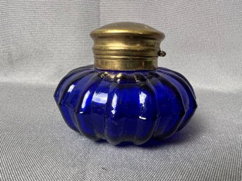 Vintage Cobalt Blue Brass Topped Inkwell