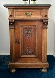 Victorian Walnut Carved With Marble Top Side Cabinet