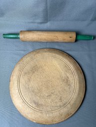 Antique Rolling Pin And Round Cutting Board.