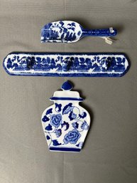 Blue Snd White Delft Style Spoon Rest Hook Rack And Scoop.