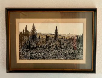 Pen And Ink Drawing Of Mountains And Forest, Signed