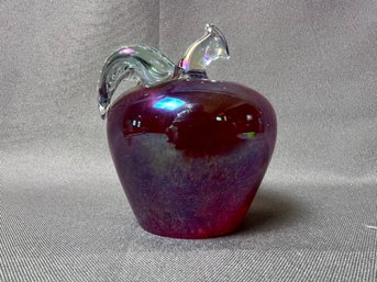 Rose Colored Iridescent Glass Apple Paper Weight.
