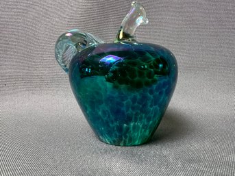 Hand Blown Blue Iridescent Glass Apple Paper Weight.
