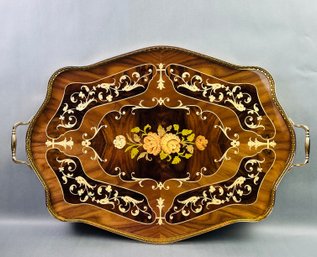 Vintage Italian Marquetry Wood & Brass Rectangle Serving Tray