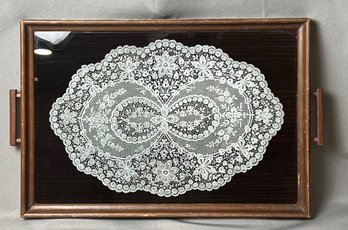 Vintage Glass Over Lace Wood Tray.