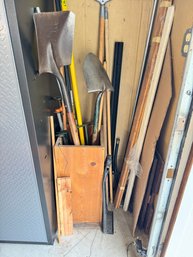 Lot Of Yard Tools Shovels Pry Bar And More