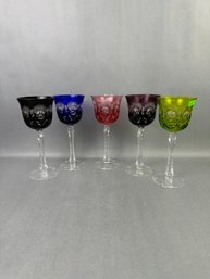 5 Cut Crystal Goblets With Cut Stems - 5 Colors