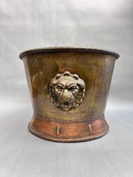 Antique English Copper And Brass Log Bin With Lion Head