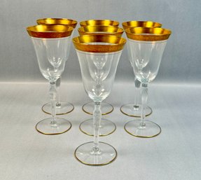 Set Of Seven Gold Rimmed Wine Goblets