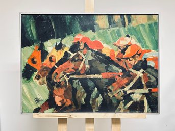 Vintage Mid-Century Horse Racing Oil Painting  Signed 'Mr. Holland, Kingston Mass'