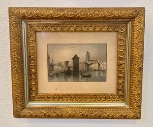 Gold Gilded Frame Picture Of Grossmunster Church In Zurich Switzerland By W. Wallis