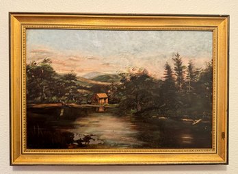 Framed Serene Lake Scene With Cabin Oil And Backer Board