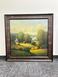 Still Life Oil Painting Of Green Hills And Lush Trees, No Artist Signature