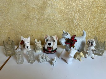 Lot Of Glass And Porcelain Scotty Dog Figurines Including Crystal Salt And Pepper Shaker And 2 Glass Pitchers.