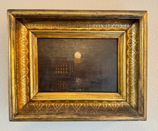 Antique Oil On Board In Wood Frame 'my Moon Lights' By L ? In Style Of Aert Van Der Neer