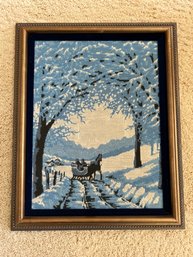 Sleigh Ride Blue And White Needlepoint Framed