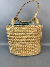 Straw Tote With Handles And Colorful Interior