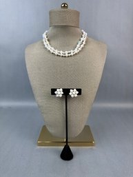 White Beaded Choker Necklace With Matching Clip Earrings