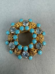 Gold Tone Turquoise And Rhinestone Brooch