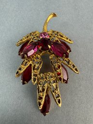 Dark Pink Stone On Gold Tone - Brooch