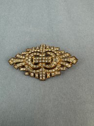 Small Rhinestones On Gold Tone Brooch