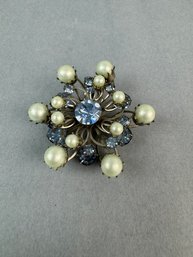 Light Blue Stone And Pearl Brooch