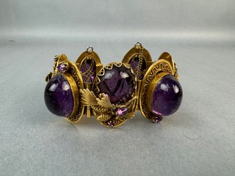 Large Purple Stone Bracelet On Gold Tone