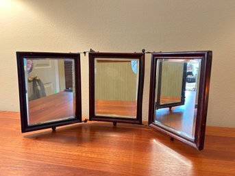 Vintage Trifold Beveled Mirror With Wall Hanging Chain