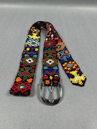Multi Color Beaded Belt With Silver Tone Buckle