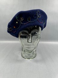 Navy Beret With Crystals And Multi Color Thread