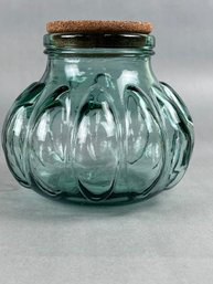Green Glass Pumpkin Shaped Jar With Cork Top