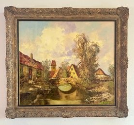 Framed Oil Painting Of European Village - Signed