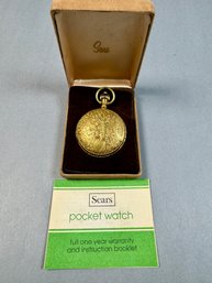Vintage Sears Roebuck And Co Pocket Watch & Chain Elk / Floral Case Swiss Made