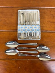 Mixed Lot:  Vintage Nut Cracker, Pick Set & 4 Sheffield Grapefruit Spoons
