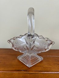 Vintage Heavy Clear Glass Etched Floral Handled Basket