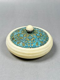 Alabaster Trinket Box With Intricate Metal Lid.