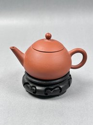 Small Miniature Clay Teapot With Stand