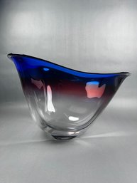 Large Blue, Red And Clear Art Glass Vessel
