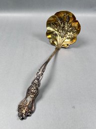 Antique Silver Plate  Serving Ladle, Featuring A Decorative Scalloped Bowl With Ornate Grape Pattern