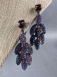 Iridescent & Purple Rhinestone Drop Chandelier Clip Earrings