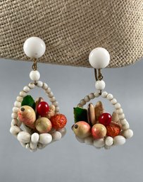 Vintage Fruit In Basket Beaded Scewback Earrings